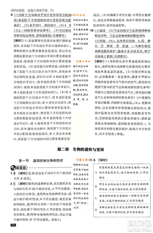 开明出版社2024年春初中必刷题八年级生物下册人教版答案 开明出版社2024年春初中必刷题八年级生物下册人教版答案