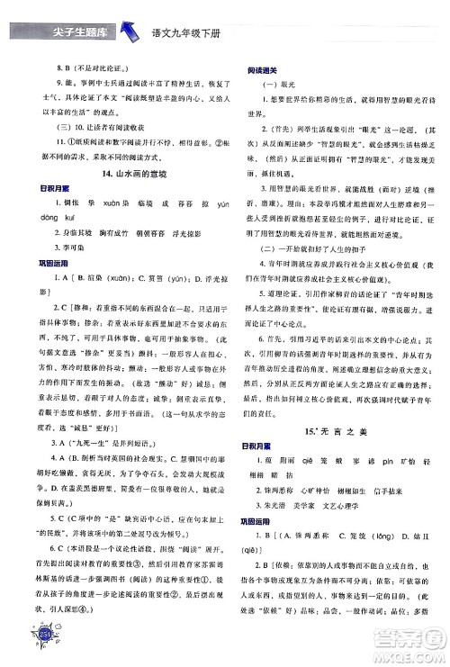 辽宁教育出版社2024年春尖子生题库九年级语文下册通用版答案