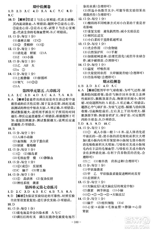 安徽师范大学出版社2024年春课时A计划七年级生物下册人教版安徽专版答案