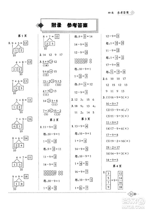 龙门书局2024年春黄冈小状元同步计算天天练一年级数学下册人教版答案