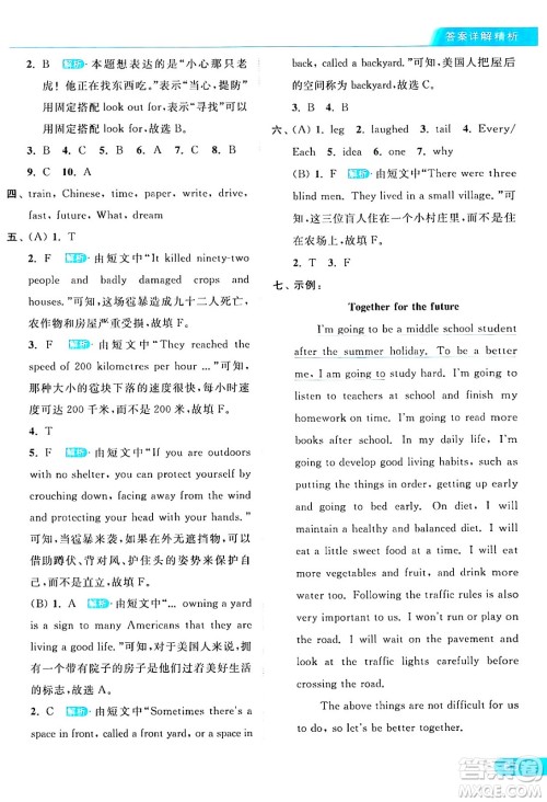 北京教育出版社2024年春亮点给力提优课时作业本六年级英语下册译林版答案