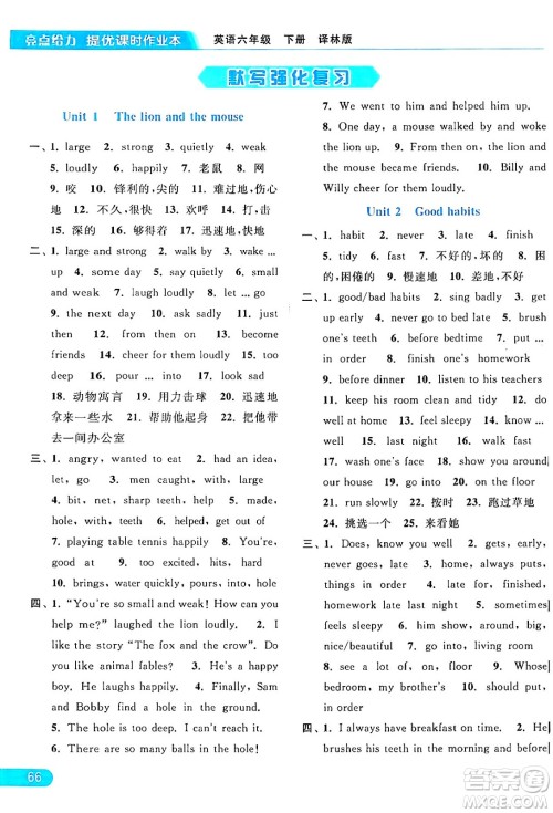 北京教育出版社2024年春亮点给力提优课时作业本六年级英语下册译林版答案