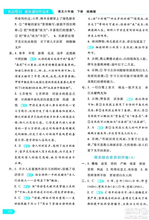 北京教育出版社2024年春亮点给力提优课时作业本六年级语文下册部编版答案