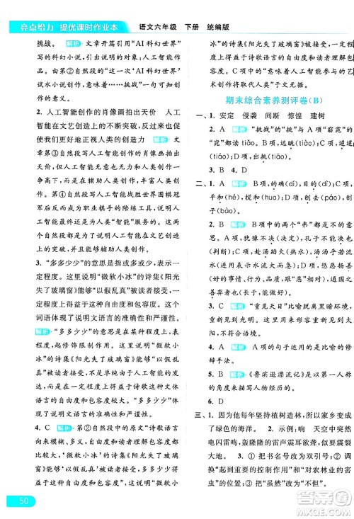 北京教育出版社2024年春亮点给力提优课时作业本六年级语文下册部编版答案