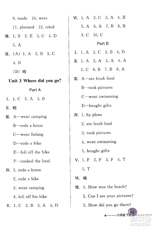 人民教育出版社2024年春英语配套练习与检测六年级英语人教PEP版答案