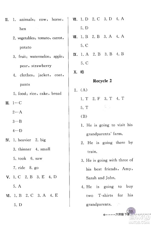 人民教育出版社2024年春英语配套练习与检测六年级英语人教PEP版答案