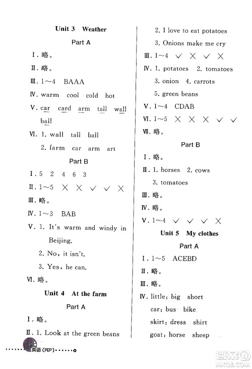 人民教育出版社2024年春英语配套练习与检测四年级英语人教PEP版答案