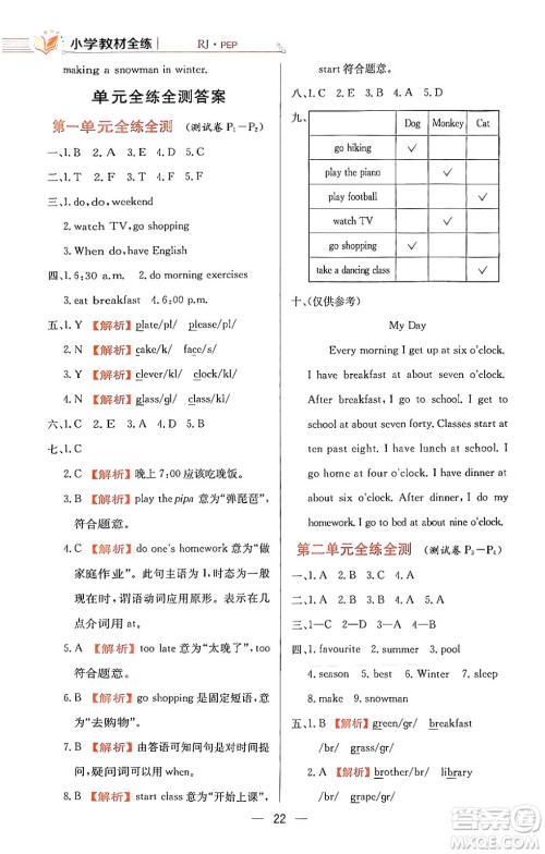 陕西人民教育出版社2024年春小学教材全练五年级英语下册人教PEP版答案