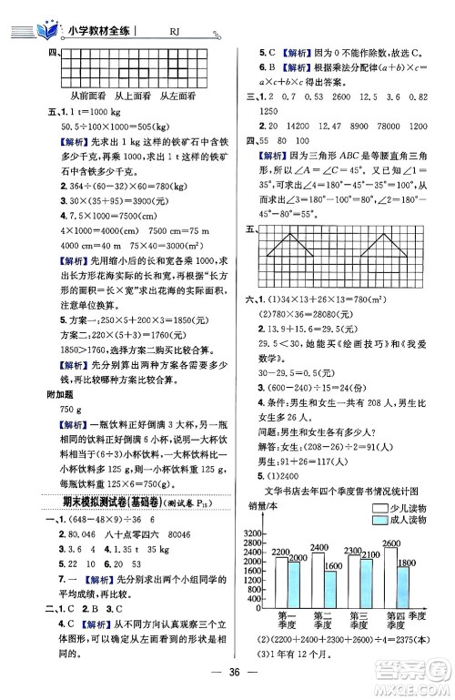 陕西人民教育出版社2024年春小学教材全练四年级数学下册人教版天津专版答案