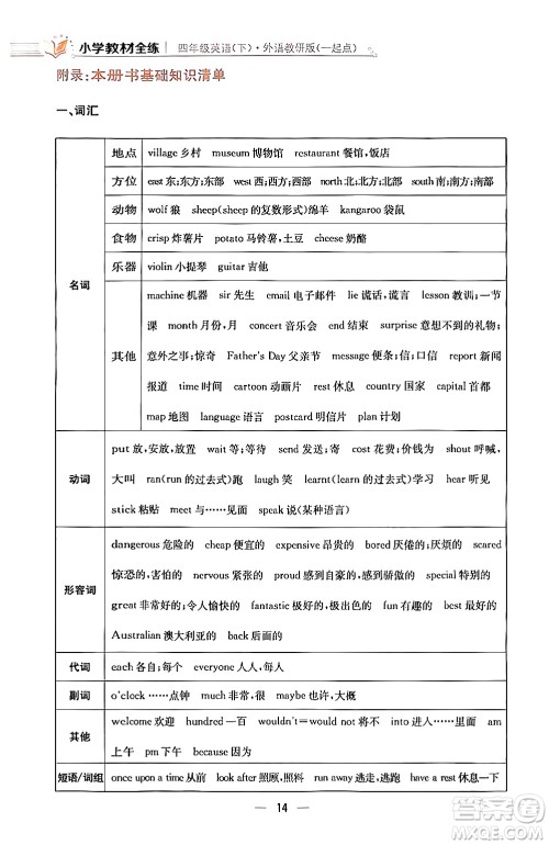 陕西人民教育出版社2024年春小学教材全练四年级英语下册外研版一起点答案