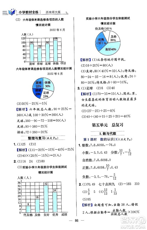 陕西人民教育出版社2024年春小学教材全练六年级数学下册西师大版答案