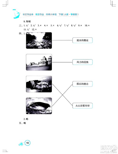 湖北教育出版社2024年春长江作业本课堂作业六年级科学下册人教鄂教版答案