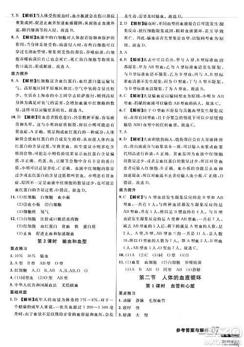 吉林教育出版社2024年春品至教育一线课堂七年级生物下册苏教版答案