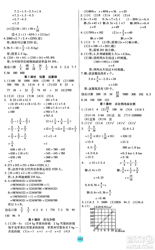 天津科学技术出版社2024年春云顶课堂六年级数学下册北师大版答案