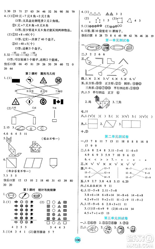 天津科学技术出版社2024年春云顶课堂一年级数学下册人教版答案