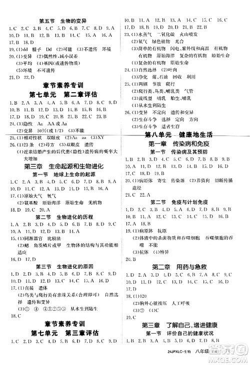 江西高校出版社2024年春金牌学练测创新作业设计八年级生物下册课标版答案