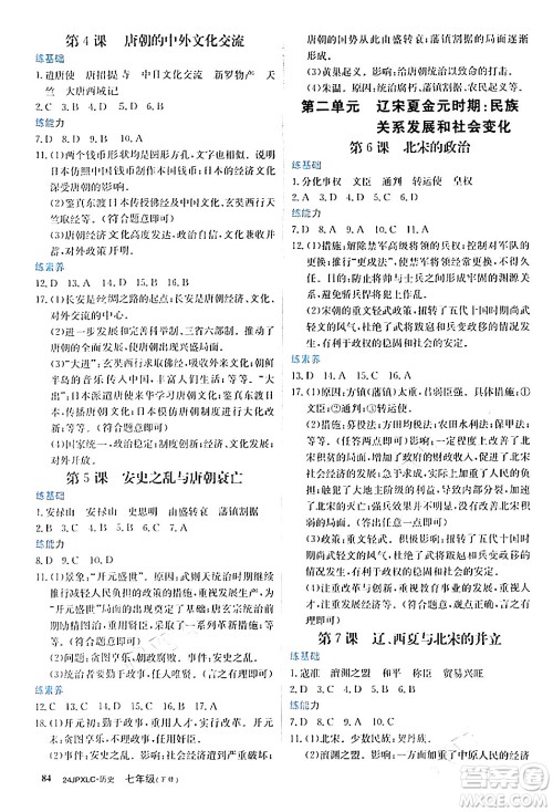 江西高校出版社2024年春金牌学练测创新作业设计七年级历史下册课标版答案