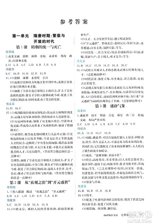 江西高校出版社2024年春金牌学练测创新作业设计七年级历史下册课标版答案