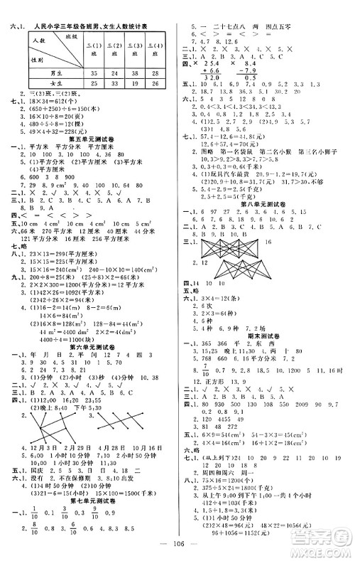 阳光出版社2024年春快乐练习作业本三年级数学下册人教版答案