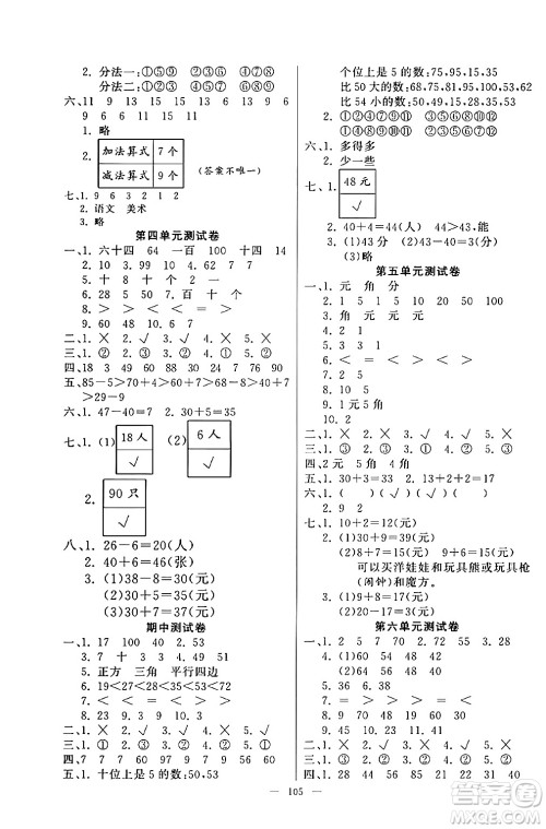 阳光出版社2024年春快乐练习作业本一年级数学下册人教版答案