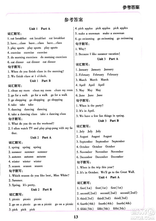 沈阳出版社2024年春培优小状元优秀三好生分层作业五年级英语下册通用版答案