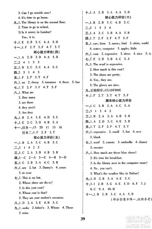 沈阳出版社2024年春培优小状元优秀三好生分层作业四年级英语下册通用版答案