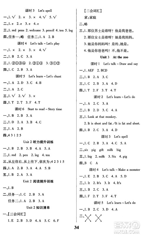 沈阳出版社2024年春培优小状元优秀三好生分层作业三年级英语下册通用版答案