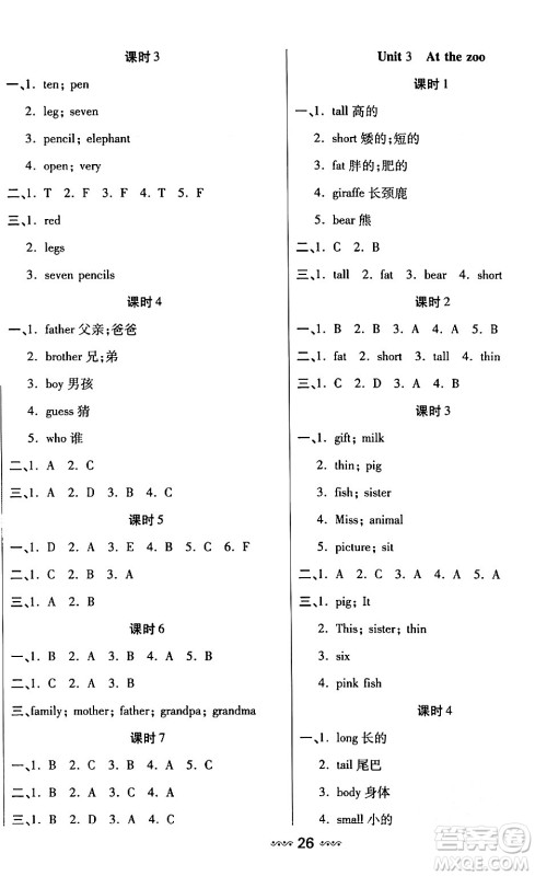 河北少年儿童出版社出版社2024年春轻松练一线课堂三年级英语下册人教版答案