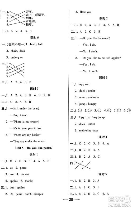 河北少年儿童出版社出版社2024年春轻松练一线课堂三年级英语下册人教版答案