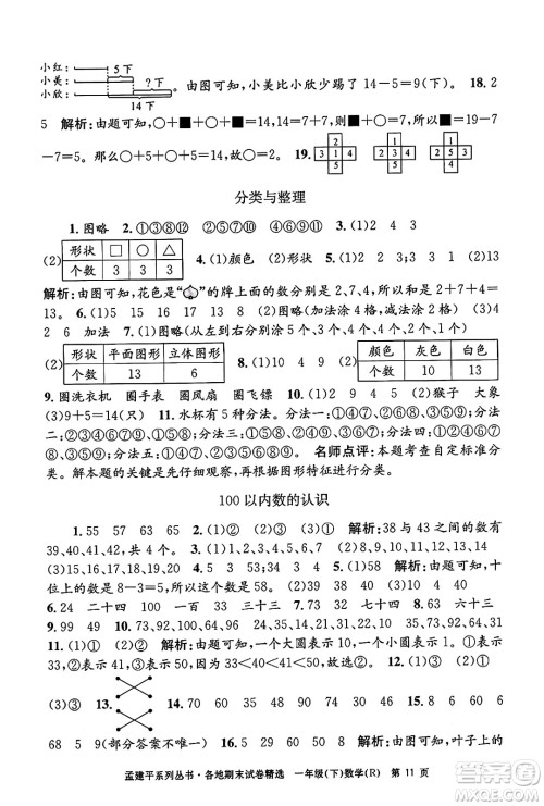 浙江工商大学出版社2024年春孟建平各地期末试卷精选一年级数学下册人教版浙江专版答案 浙江工商大学出版社2024年春孟建平各地期末试卷精选一年级数学下册人教版浙江专版答案