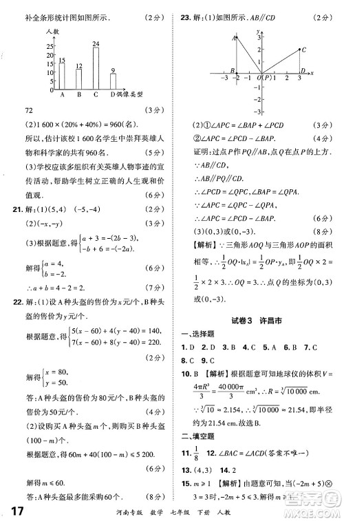 江西人民出版社2024年春王朝霞各地期末试卷精选七年级数学下册人教版河南专版答案