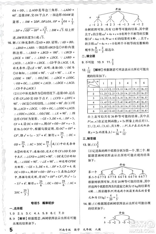 江西人民出版社2024年春王朝霞各地期末试卷精选九年级数学下册人教版河南专版答案