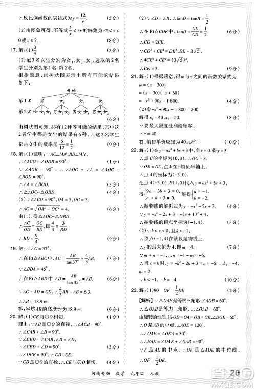 江西人民出版社2024年春王朝霞各地期末试卷精选九年级数学下册人教版河南专版答案