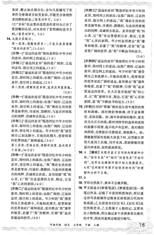 江西人民出版社2024年春王朝霞各地期末试卷精选七年级语文下册人教版河南专版答案
