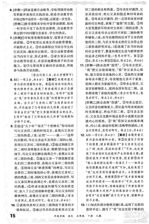 江西人民出版社2024年春王朝霞各地期末试卷精选七年级语文下册人教版河南专版答案