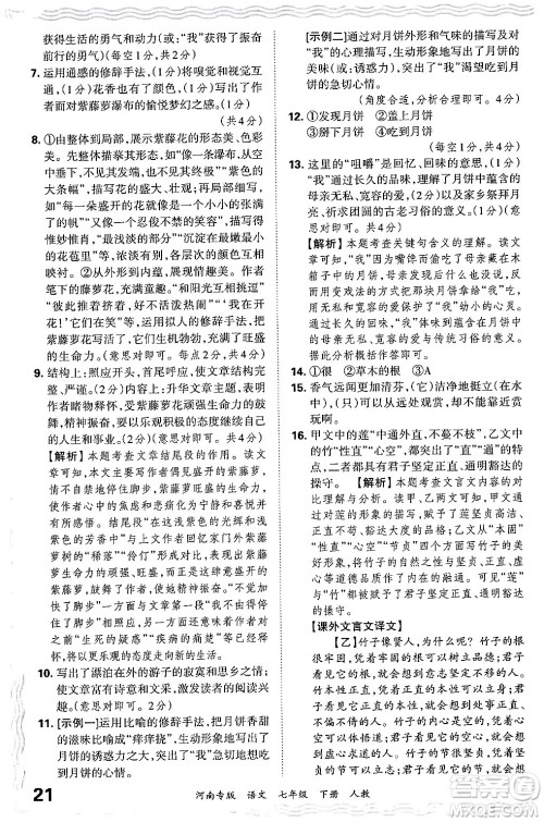江西人民出版社2024年春王朝霞各地期末试卷精选七年级语文下册人教版河南专版答案