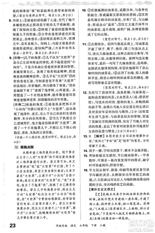 江西人民出版社2024年春王朝霞各地期末试卷精选七年级语文下册人教版河南专版答案
