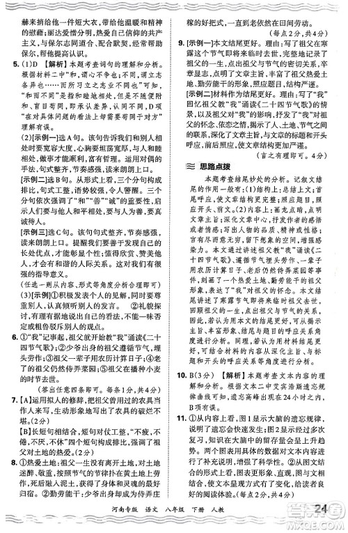 江西人民出版社2024年春王朝霞各地期末试卷精选八年级语文下册人教版河南专版答案