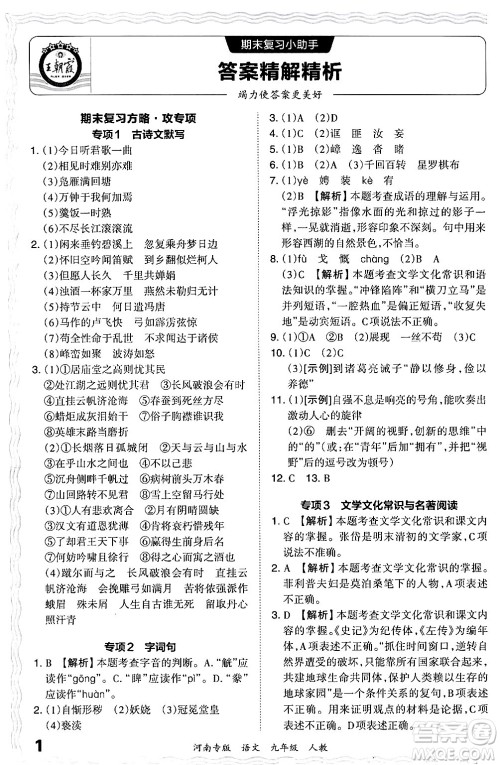 江西人民出版社2024年春王朝霞各地期末试卷精选九年级语文下册人教版河南专版答案