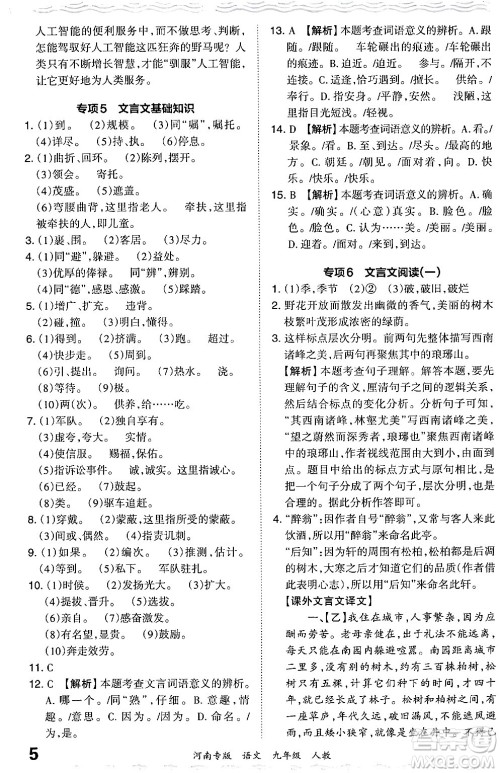 江西人民出版社2024年春王朝霞各地期末试卷精选九年级语文下册人教版河南专版答案