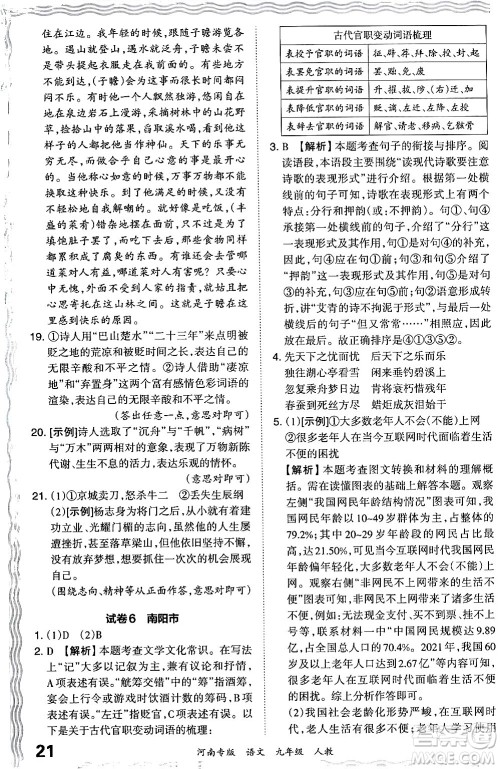 江西人民出版社2024年春王朝霞各地期末试卷精选九年级语文下册人教版河南专版答案