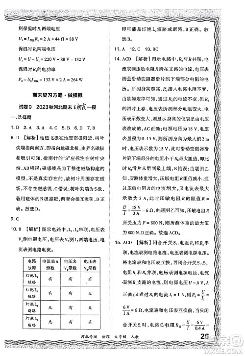 江西人民出版社2024年春王朝霞各地期末试卷精选九年级物理下册人教版河北专版答案
