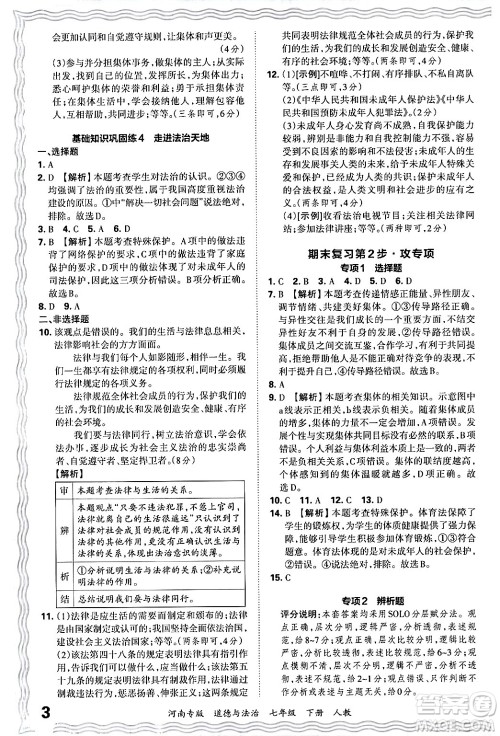 江西人民出版社2024年春王朝霞各地期末试卷精选七年级道德与法治下册人教版河南专版答案