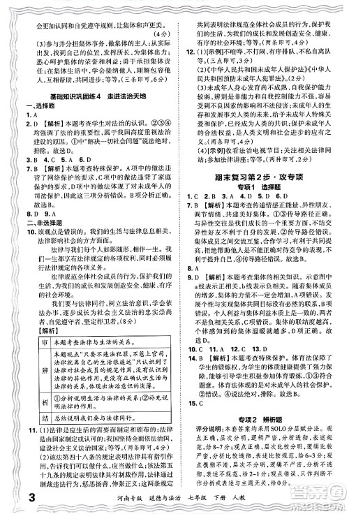 江西人民出版社2024年春王朝霞各地期末试卷精选七年级道德与法治下册人教版河南专版答案