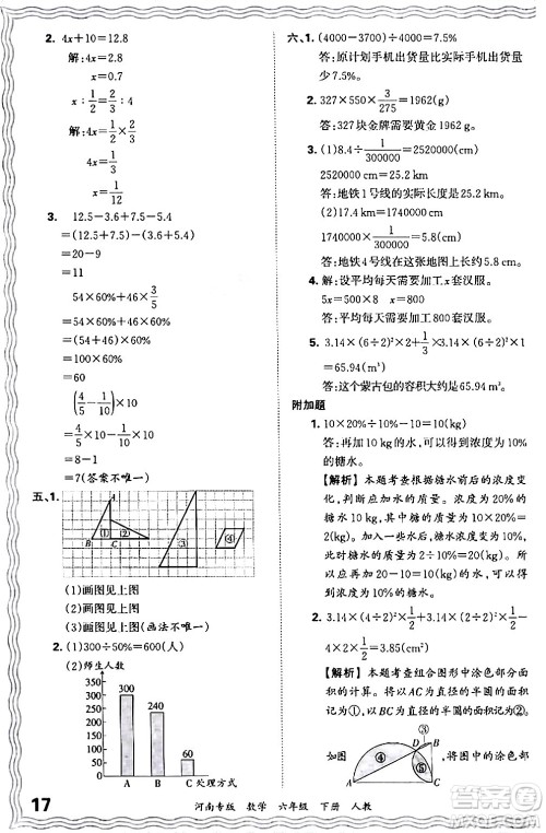 江西人民出版社2024年春王朝霞各地期末试卷精选六年级数学下册人教版河南专版答案
