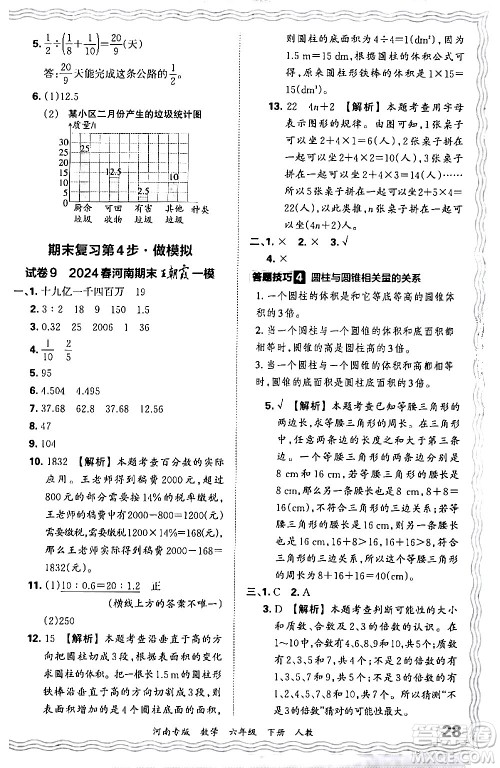 江西人民出版社2024年春王朝霞各地期末试卷精选六年级数学下册人教版河南专版答案