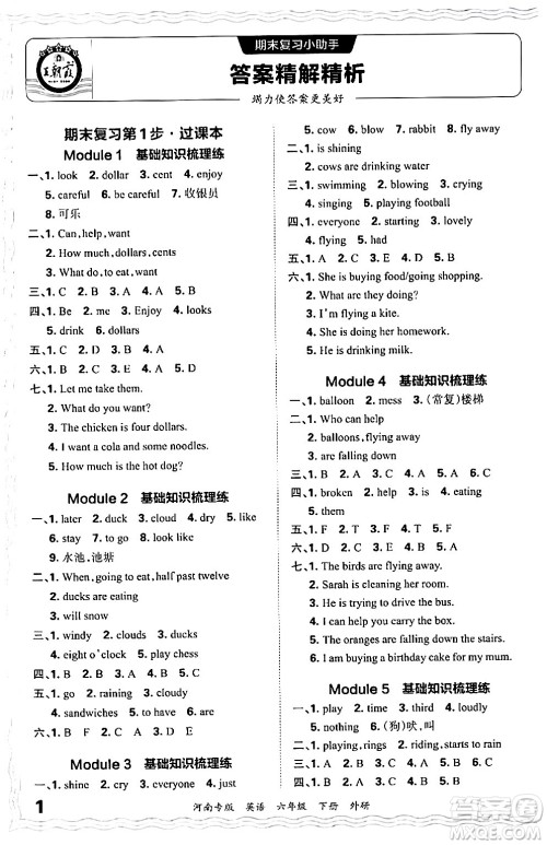 江西人民出版社2024年春王朝霞各地期末试卷精选六年级英语下册外研版河南专版答案