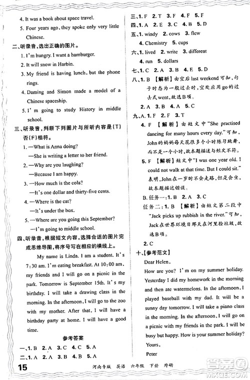江西人民出版社2024年春王朝霞各地期末试卷精选六年级英语下册外研版河南专版答案