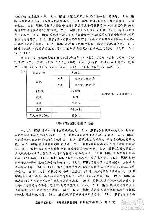 浙江工商大学出版社2024年春孟建平各地期末试卷精选四年级科学下册教科版浙江专版答案
