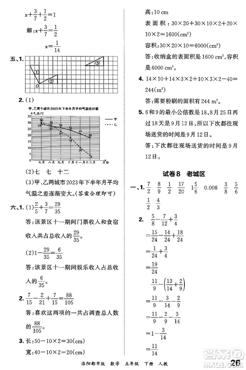 江西人民出版社2024年春王朝霞各地期末试卷精选五年级数学下册人教版洛阳专版答案